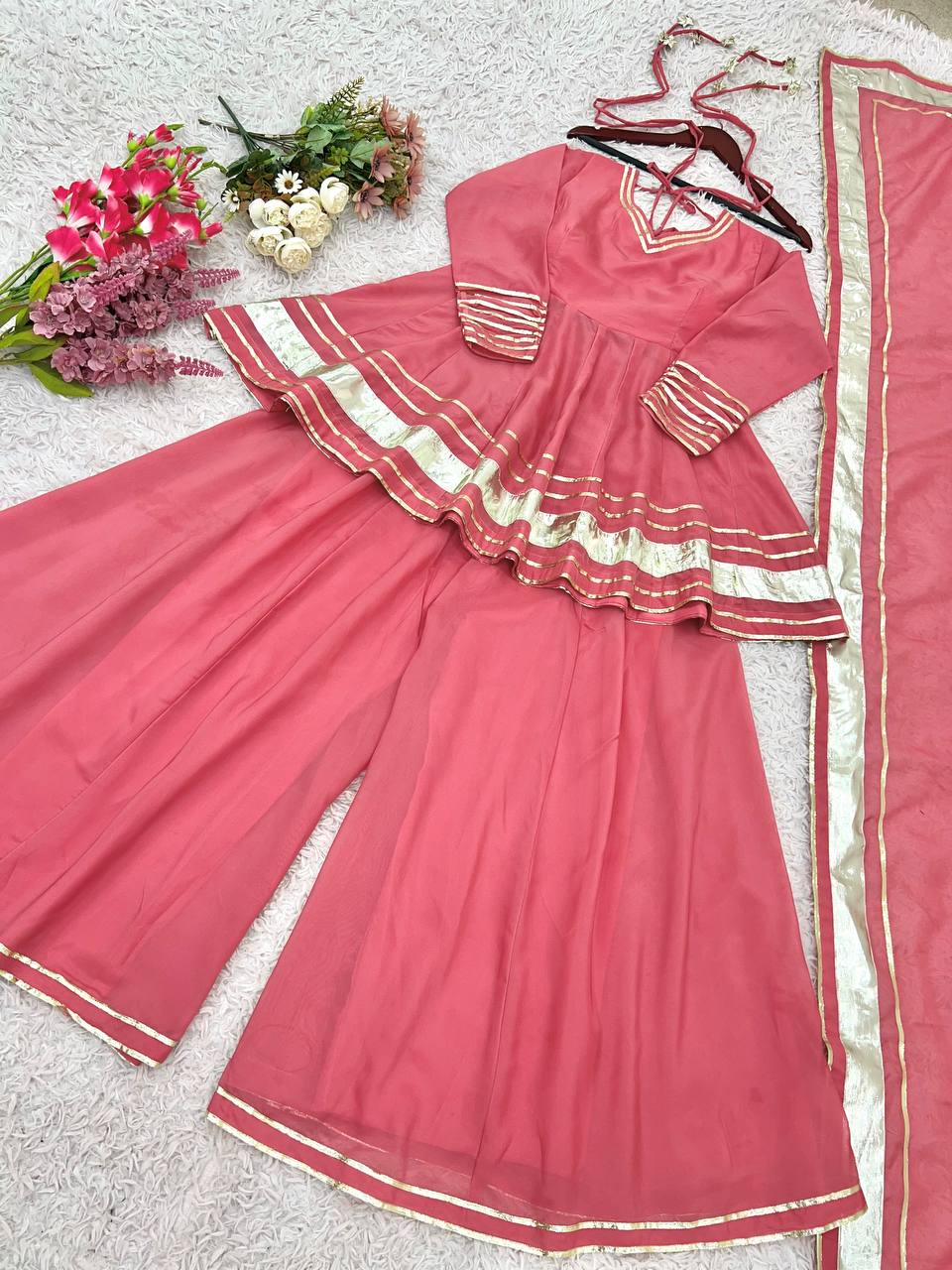 Organza/Chanderi Pink Short Anarkali with Gota Patti Skirt