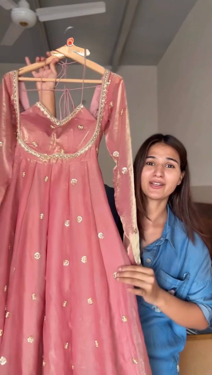 Luxurious Dusty Pink Anarkali Suit with Zari Work