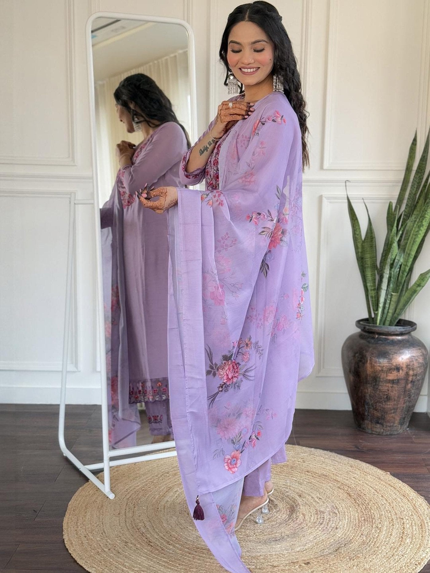 Lavender Embroidered Kurta Set with Floral Dupatta