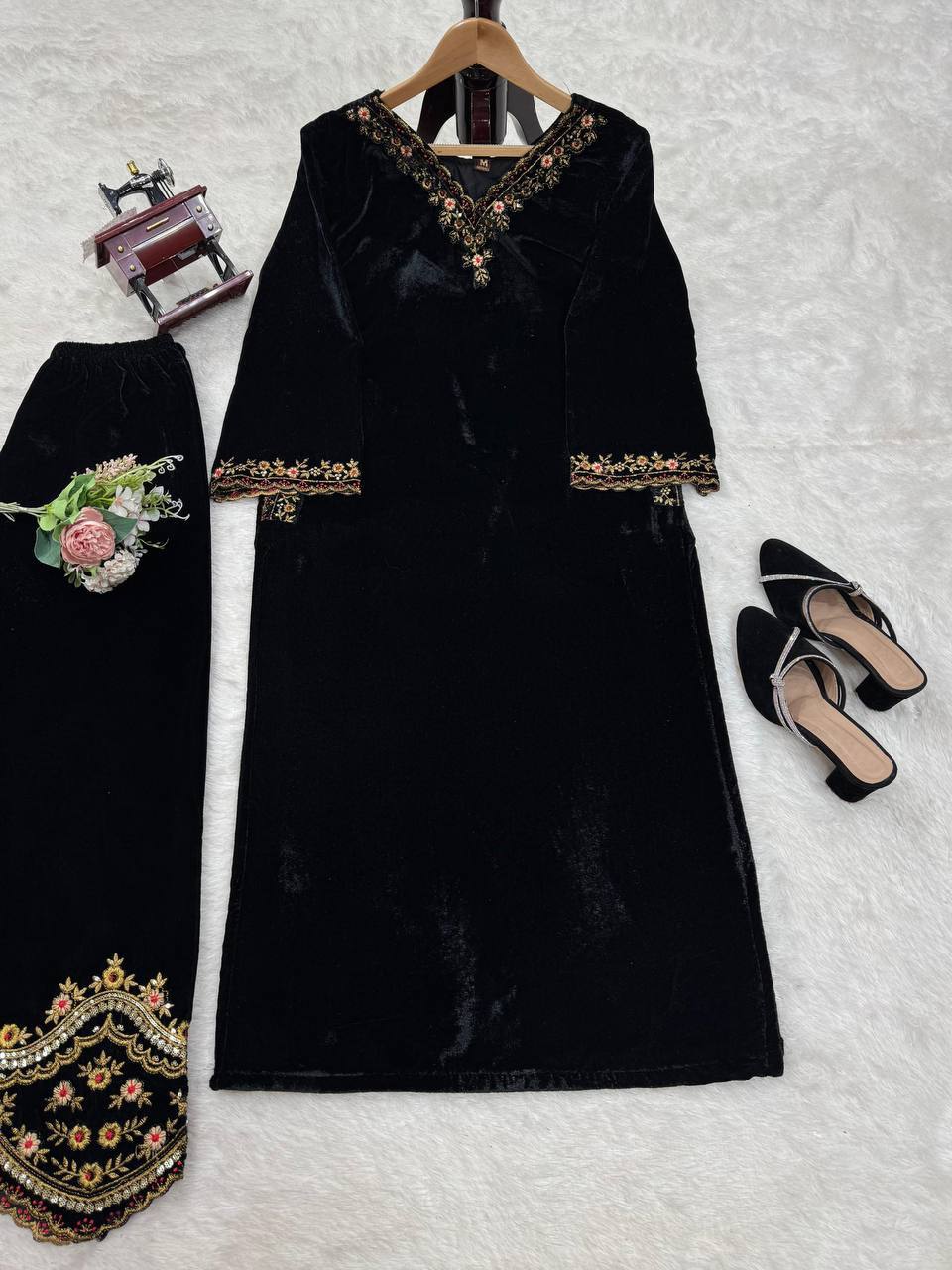 Luxury Black Velvet V-Neck Tunic with Embroidered Bottoms