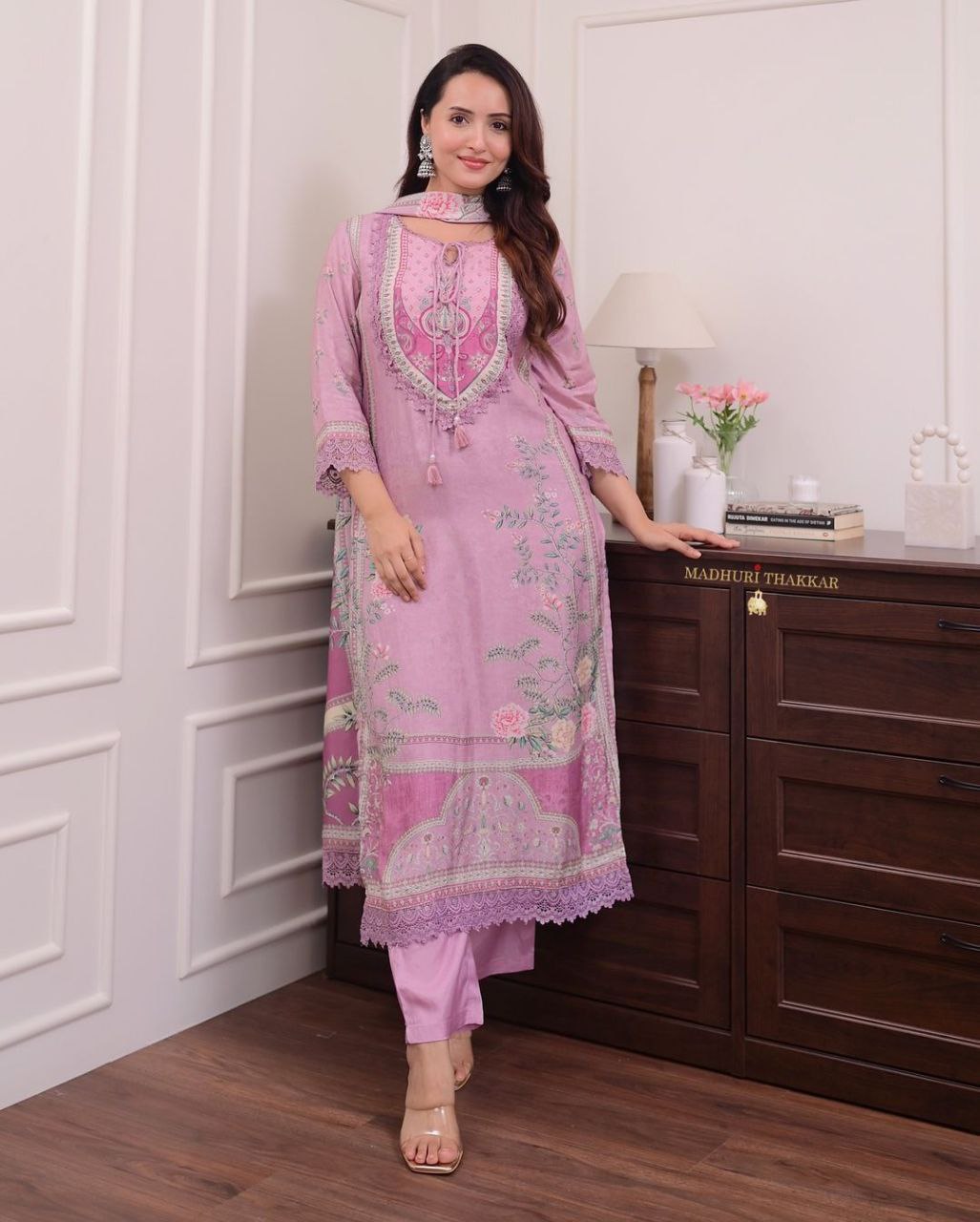Lavender Floral Print and Embroidered Kurta Set with Dupatta