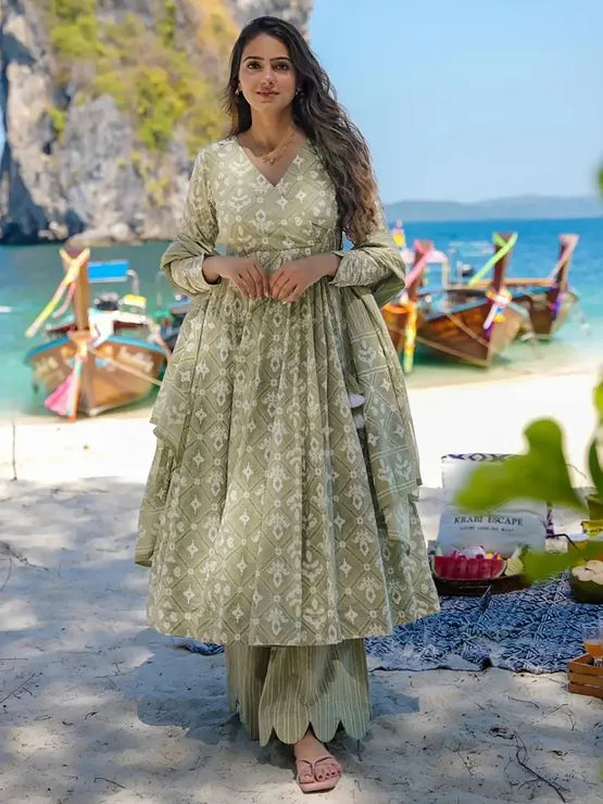 Women's Green Printed Rayon/Cotton Anarkali with Palazzo and Dupatta