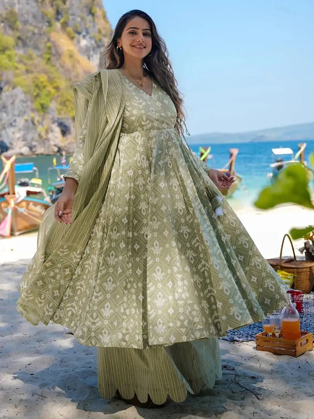 Women's Green Printed Rayon/Cotton Anarkali with Palazzo and Dupatta