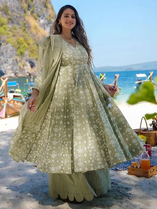 Women's Green Printed Rayon/Cotton Anarkali with Palazzo and Dupatta