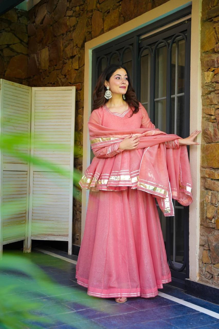 Organza/Chanderi Pink Short Anarkali with Gota Patti Skirt