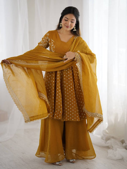 Designer Bandhani Dot Print Kurta with Wide-Leg Pants & Dupatta