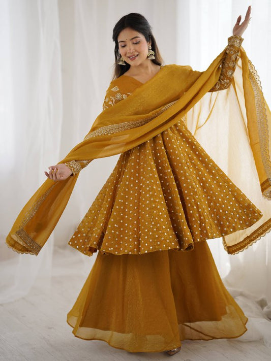 Designer Bandhani Dot Print Kurta with Wide-Leg Pants & Dupatta