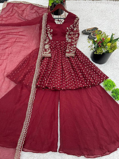 Designer Bandhani Dot Print Kurta with Wide-Leg Pants & Dupatta