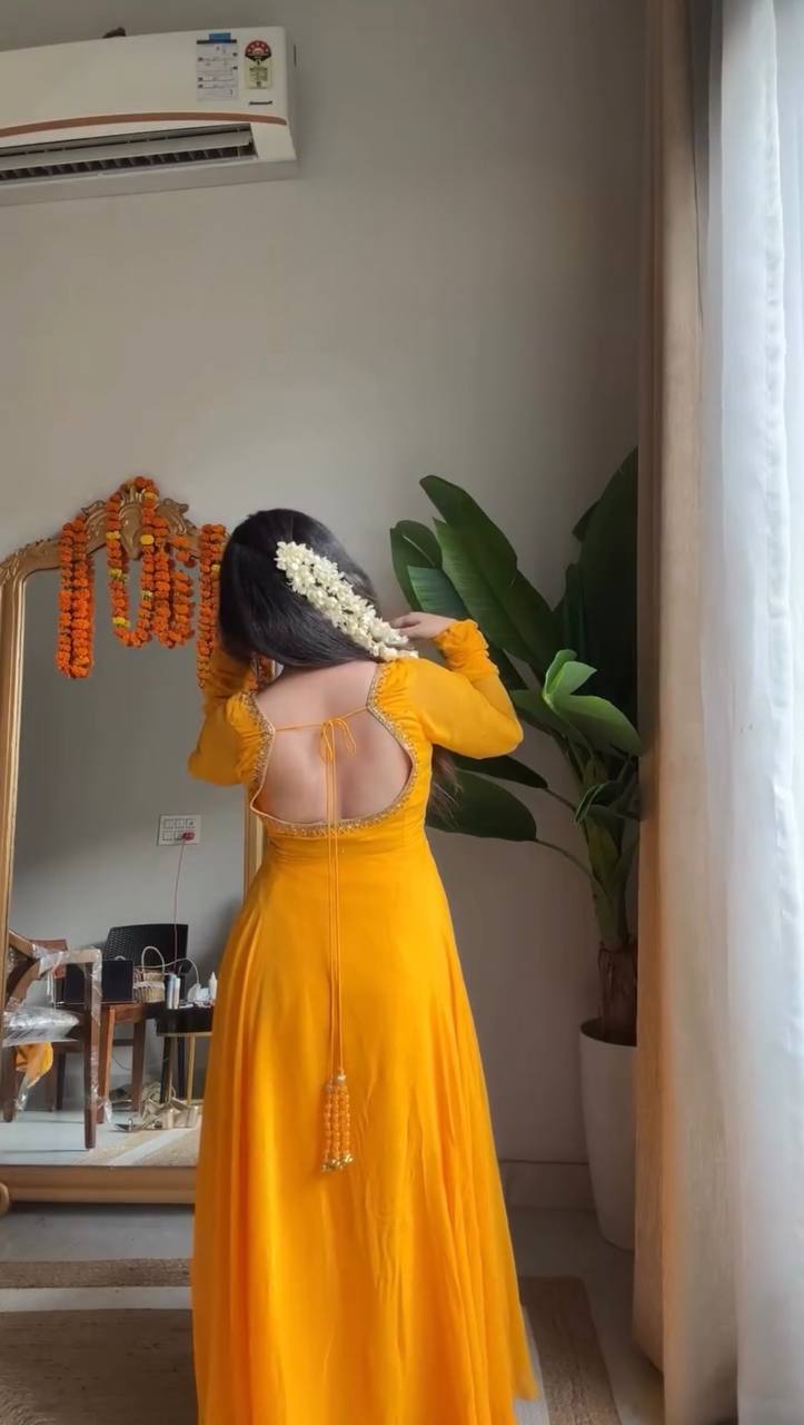 Mustard Yellow Full-Sleeve Anarkali Gown with Embroidered Neckline