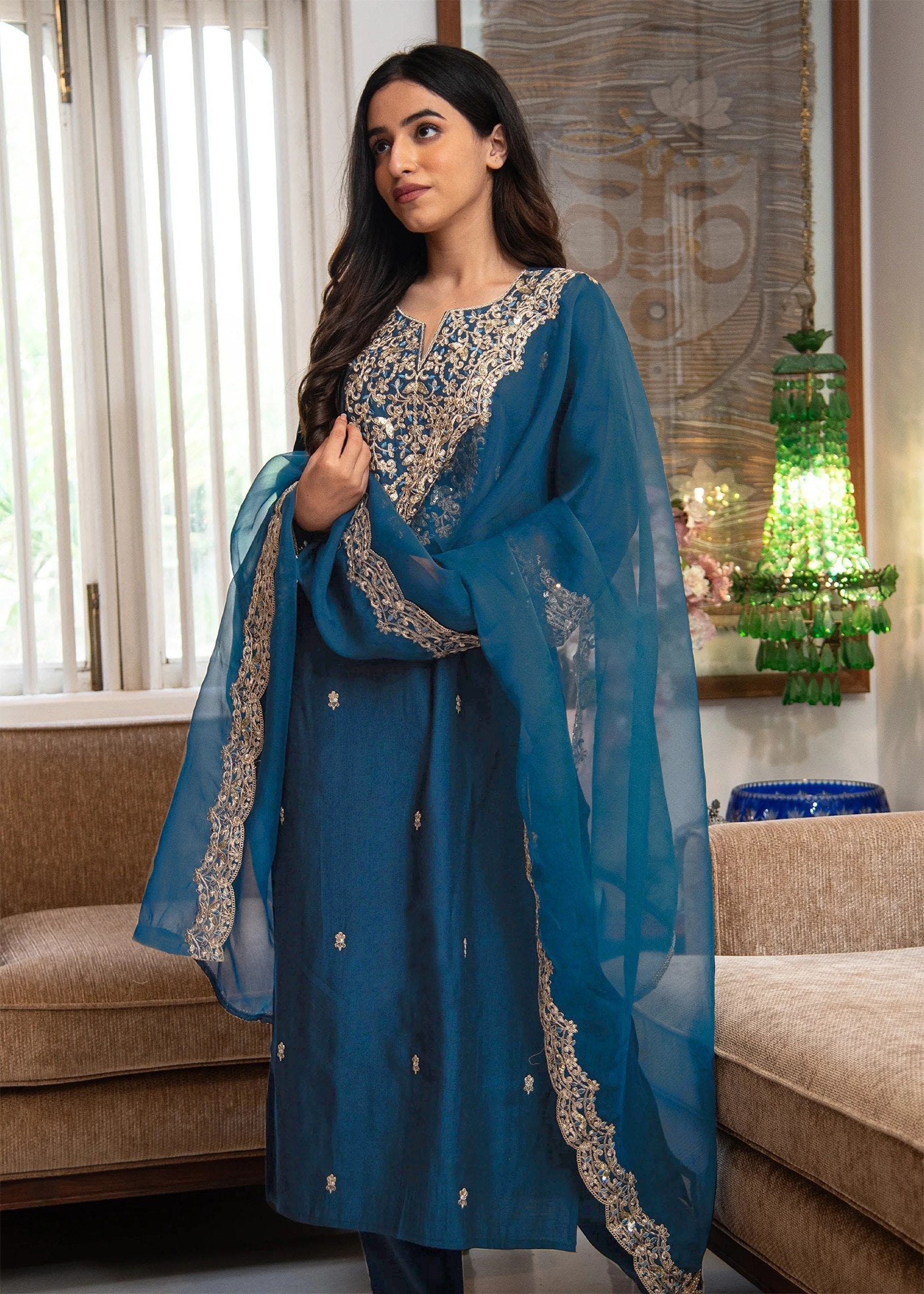 Heavy Gold Embroidered Neck Teal Blue Silk Blend Salwar Suit