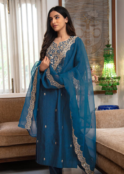Heavy Gold Embroidered Neck Teal Blue Silk Blend Salwar Suit