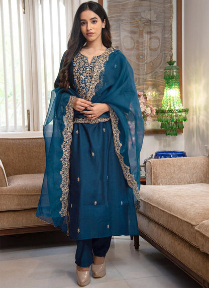 Heavy Gold Embroidered Neck Teal Blue Silk Blend Salwar Suit