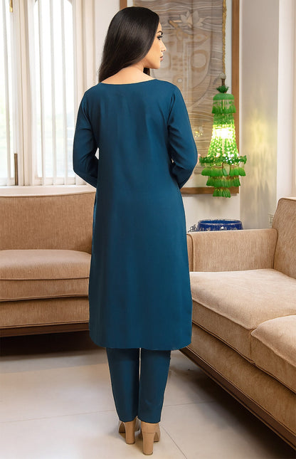 Heavy Gold Embroidered Neck Teal Blue Silk Blend Salwar Suit