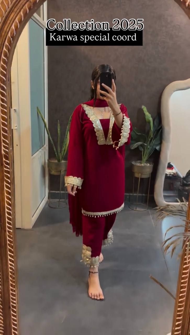 Luxurious Maroon Co-ord Set with Vintage Golden Trim