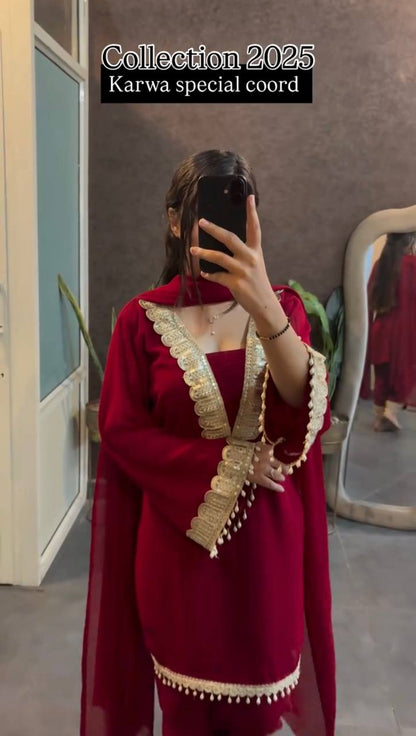 Luxurious Maroon Co-ord Set with Vintage Golden Trim
