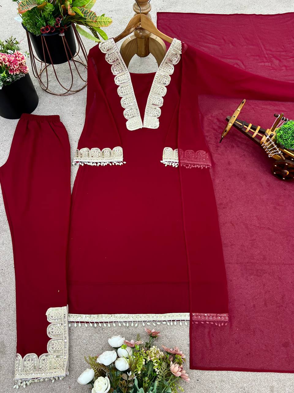 Luxurious Maroon Co-ord Set with Vintage Golden Trim