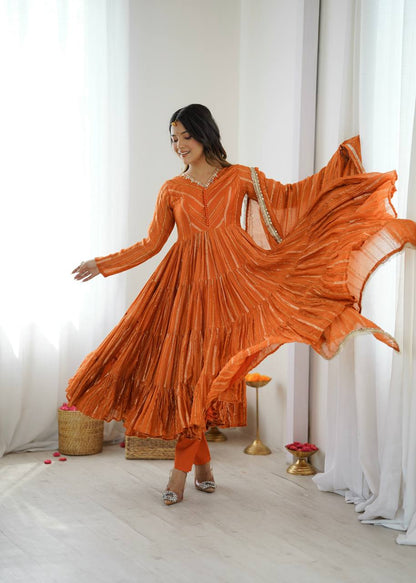 Vibrant Orange Leheriya Tiered Anarkali Gown with Dupatt