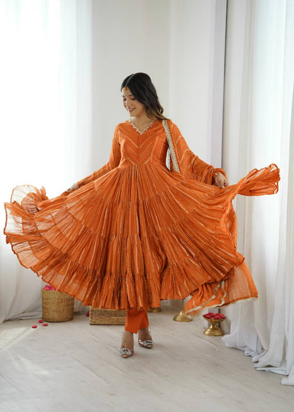 Vibrant Orange Leheriya Tiered Anarkali Gown with Dupatt