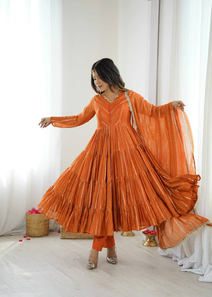 Vibrant Orange Leheriya Tiered Anarkali Gown with Dupatt