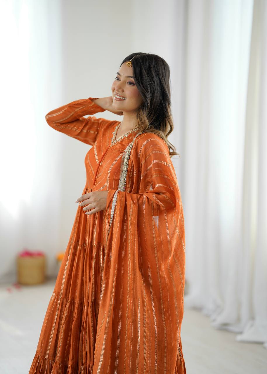 Vibrant Orange Leheriya Tiered Anarkali Gown with Dupatt