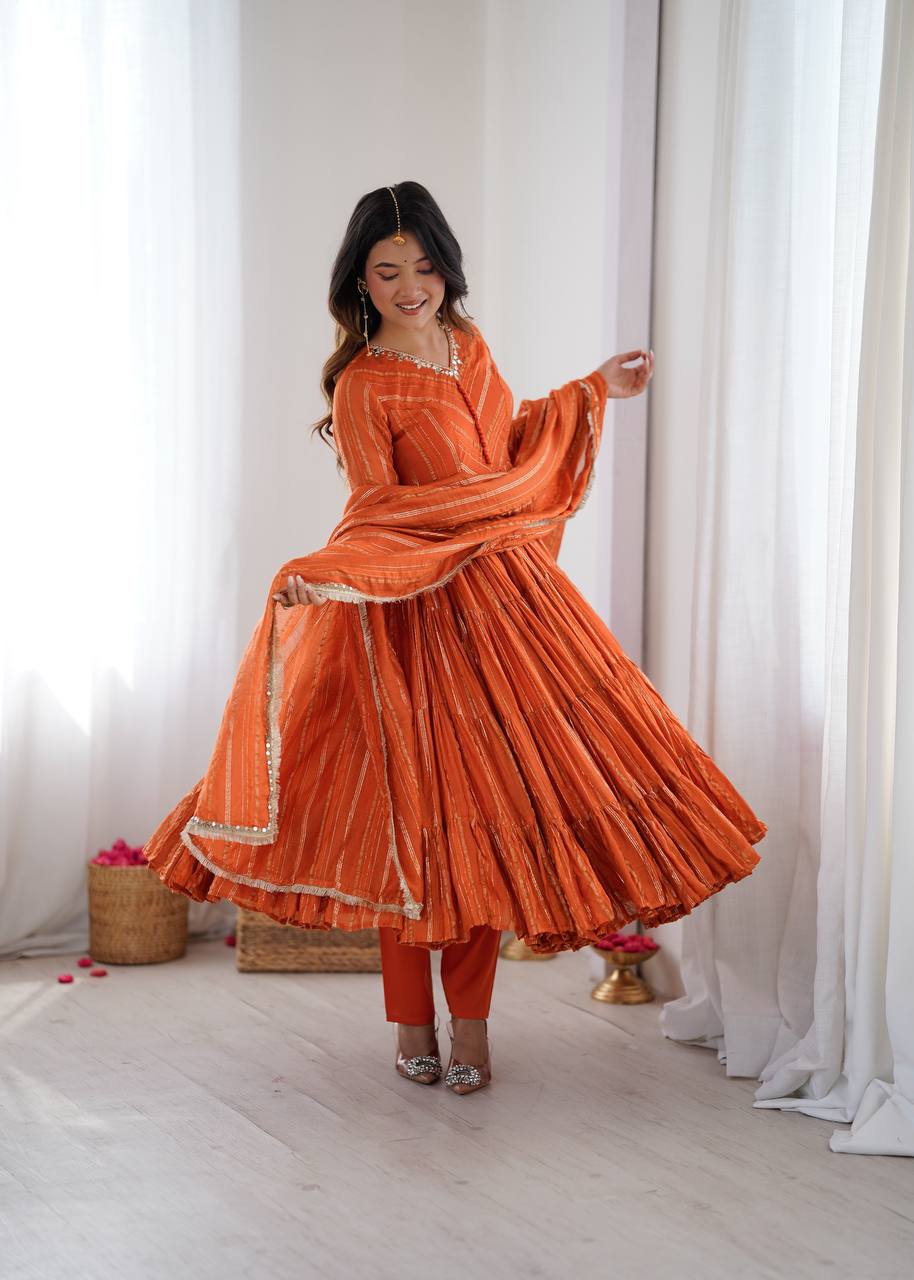 Vibrant Orange Leheriya Tiered Anarkali Gown with Dupatt