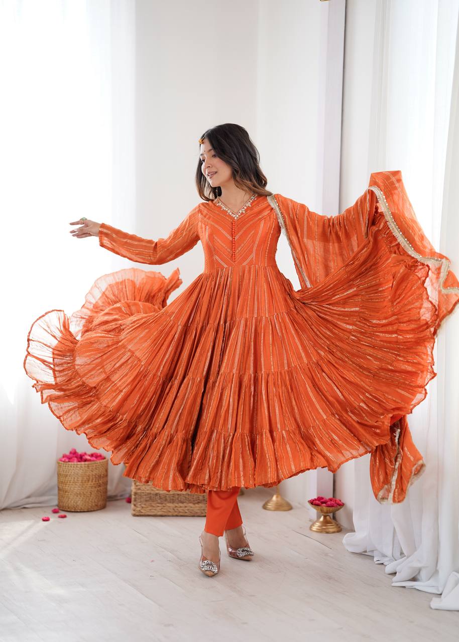 Vibrant Orange Leheriya Tiered Anarkali Gown with Dupatt