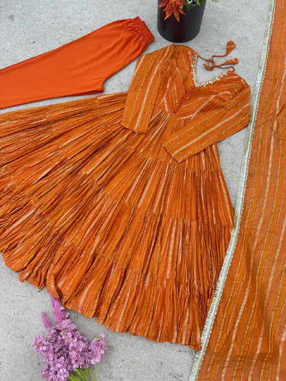 Vibrant Orange Leheriya Tiered Anarkali Gown with Dupatt