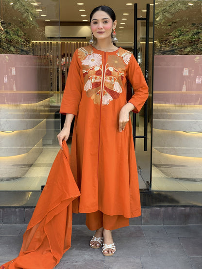 Elegant Floral Embroidered Yoke Kurta Set in Deep Orange