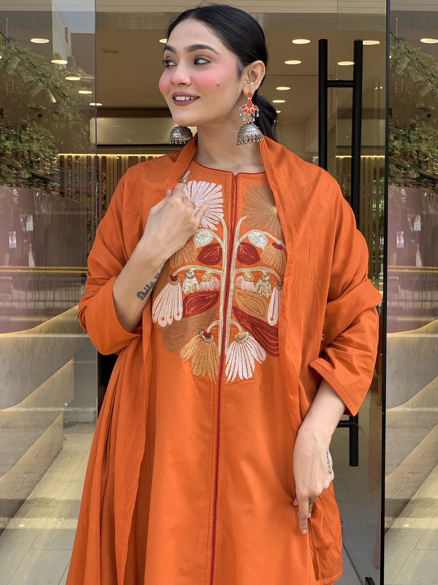 Elegant Floral Embroidered Yoke Kurta Set in Deep Orange