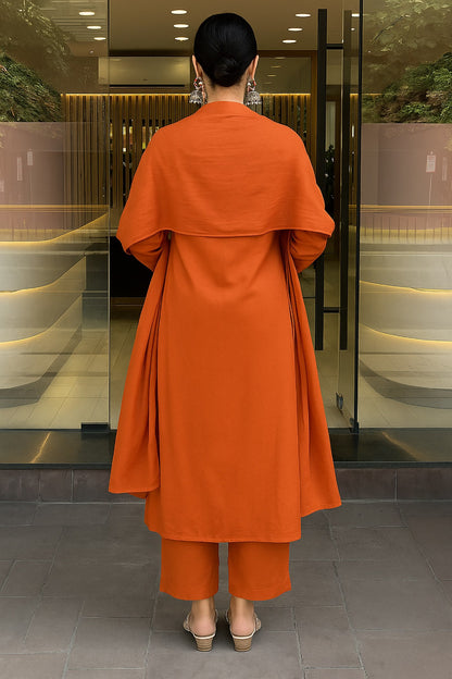 Elegant Floral Embroidered Yoke Kurta Set in Deep Orange