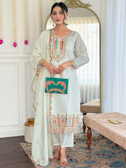 Designer Off-White Straight Cut Kurta Pant and Dupatta Set