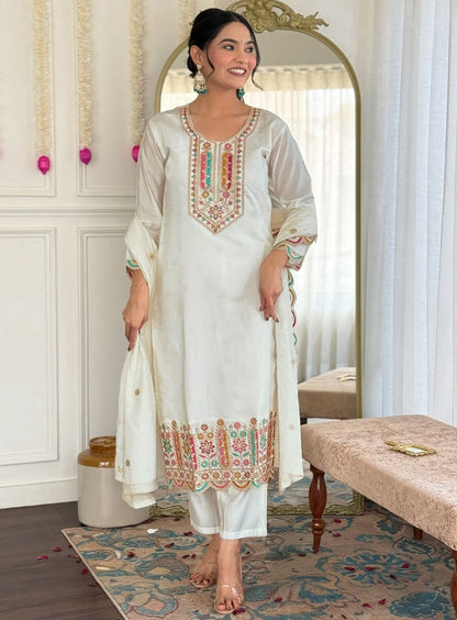 Designer Off-White Straight Cut Kurta Pant and Dupatta Set