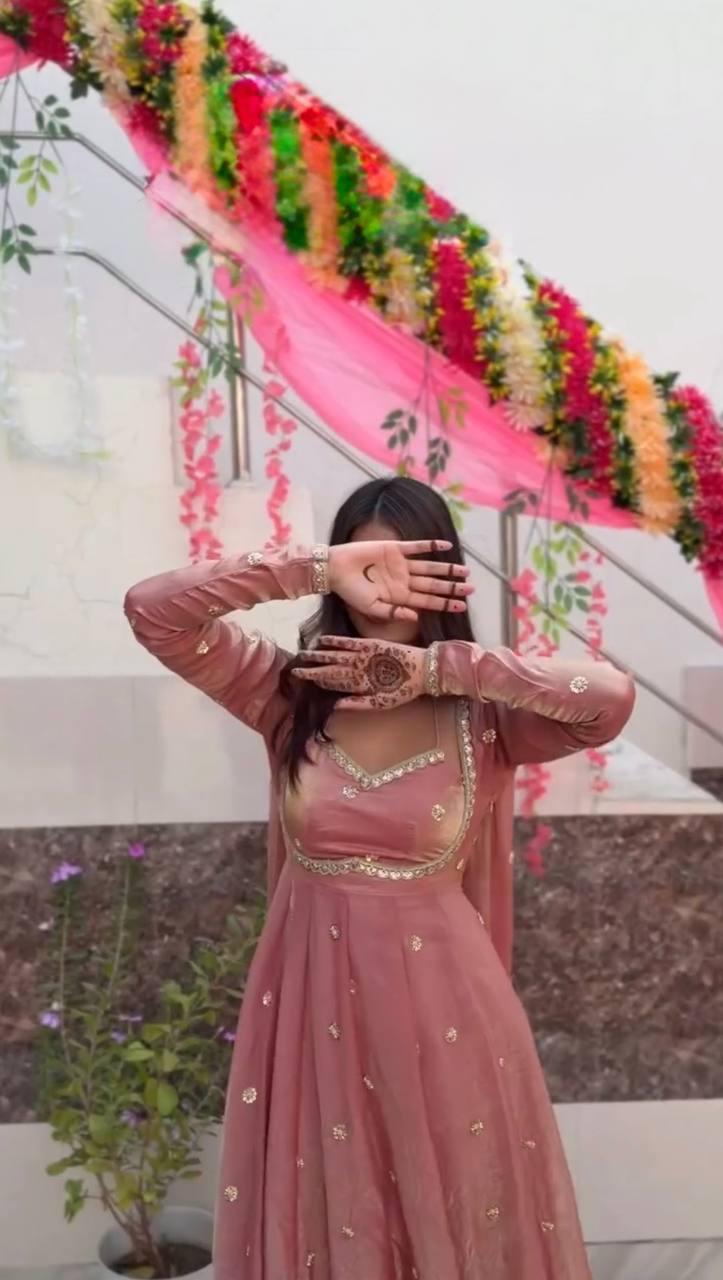 Luxurious Dusty Pink Anarkali Suit with Zari Work