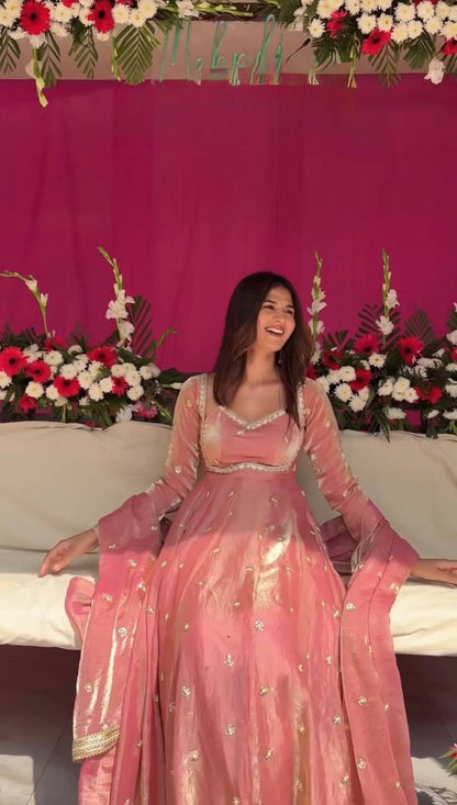 Luxurious Dusty Pink Anarkali Suit with Zari Work