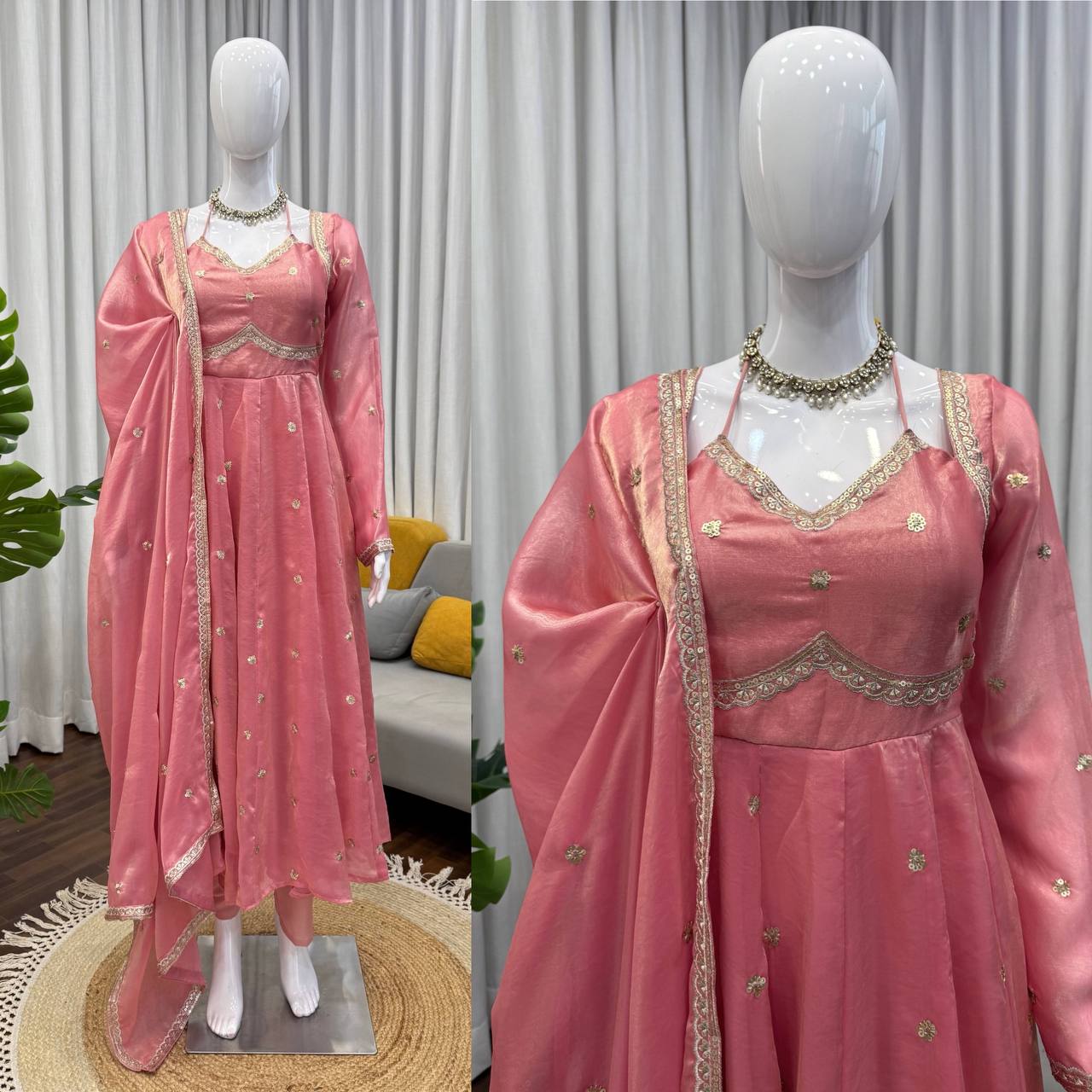 Luxurious Dusty Pink Anarkali Suit with Zari Work