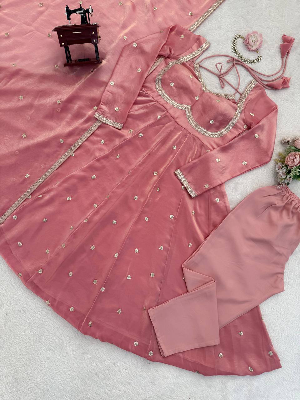 Luxurious Dusty Pink Anarkali Suit with Zari Work