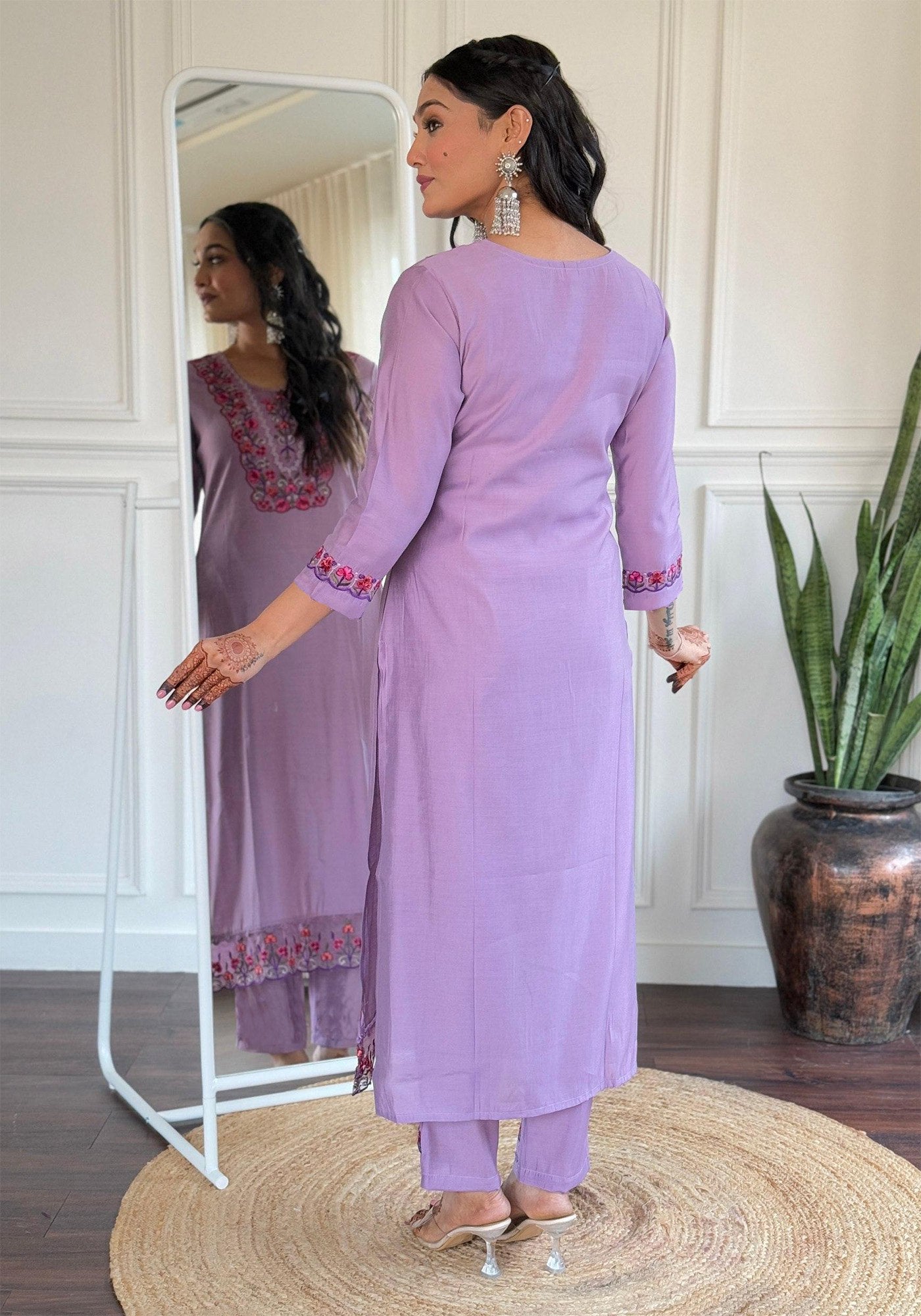Lavender Embroidered Kurta Set with Floral Dupatta