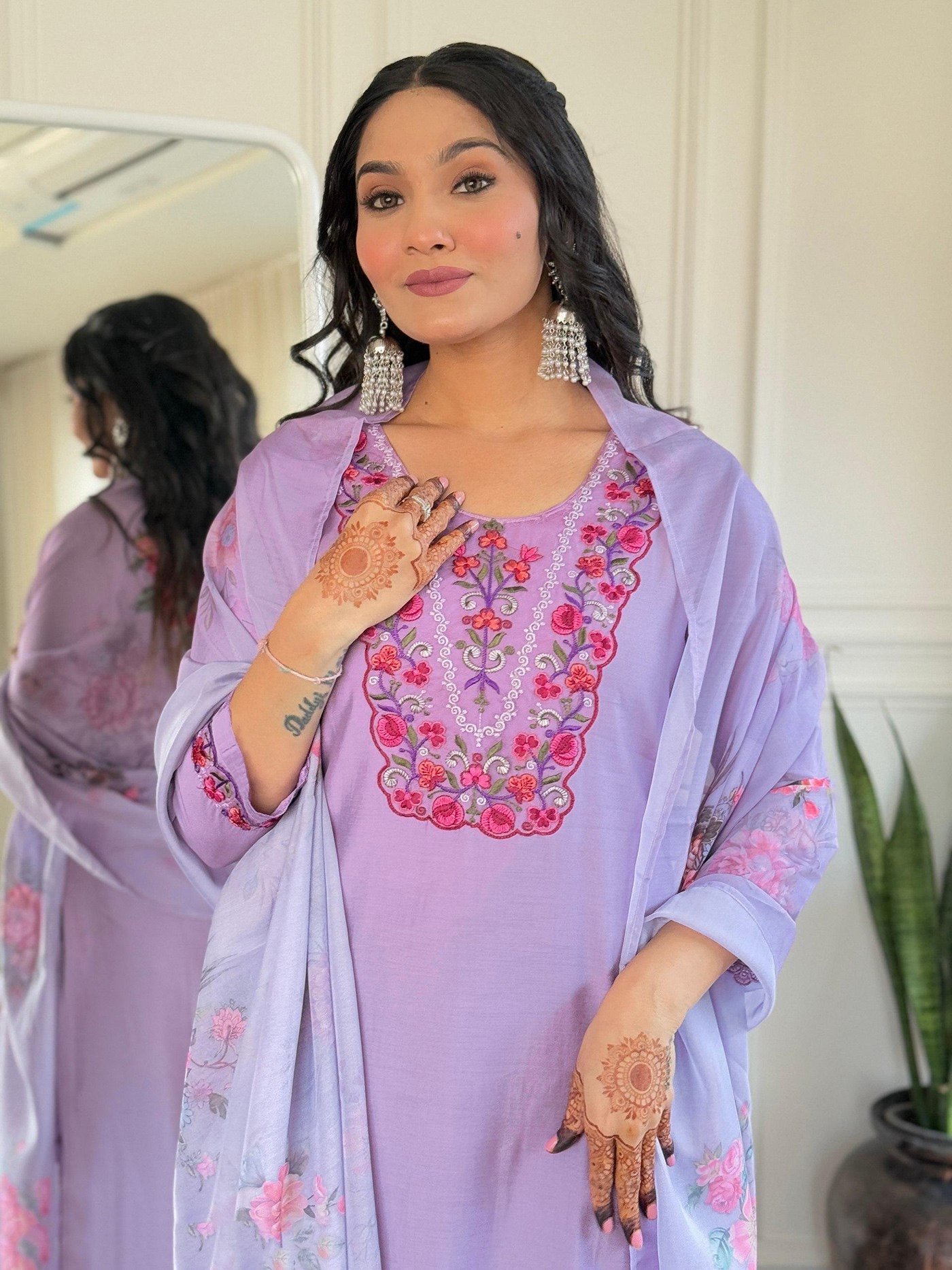 Lavender Embroidered Kurta Set with Floral Dupatta