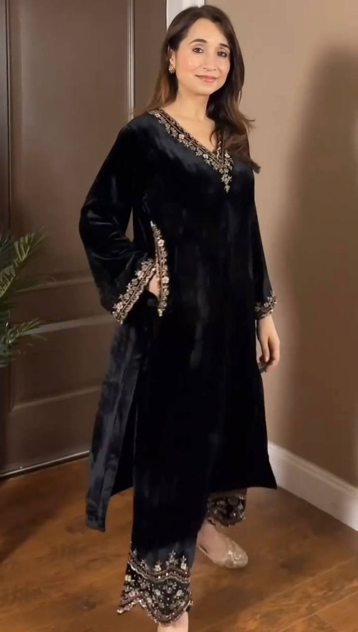 Luxury Black Velvet V-Neck Tunic with Embroidered Bottoms