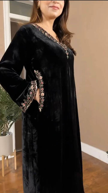 Luxury Black Velvet V-Neck Tunic with Embroidered Bottoms