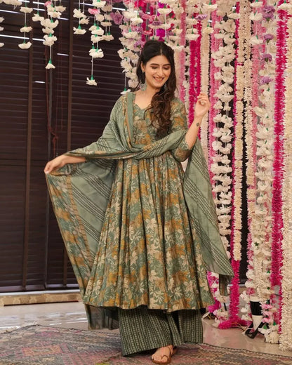 Elegant Green Muslin Floral Print Anarkali Sharara Suit