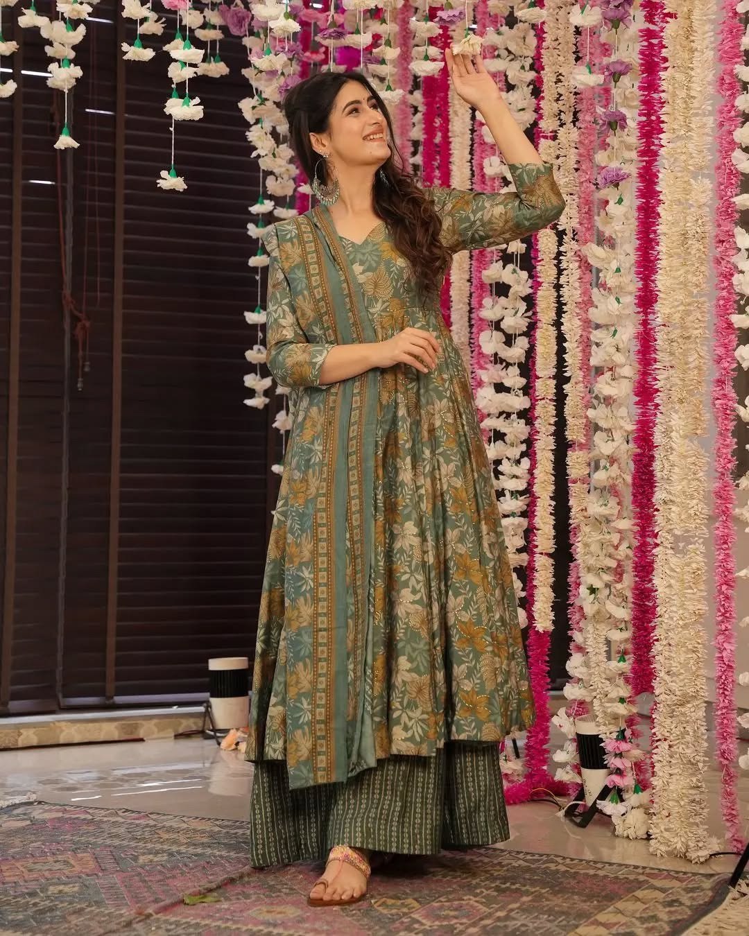 Elegant Green Muslin Floral Print Anarkali Sharara Suit