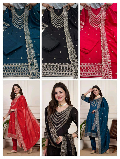 Ethnic V-Neck Chanderi Silk Kurta Set with Matching Dupatta