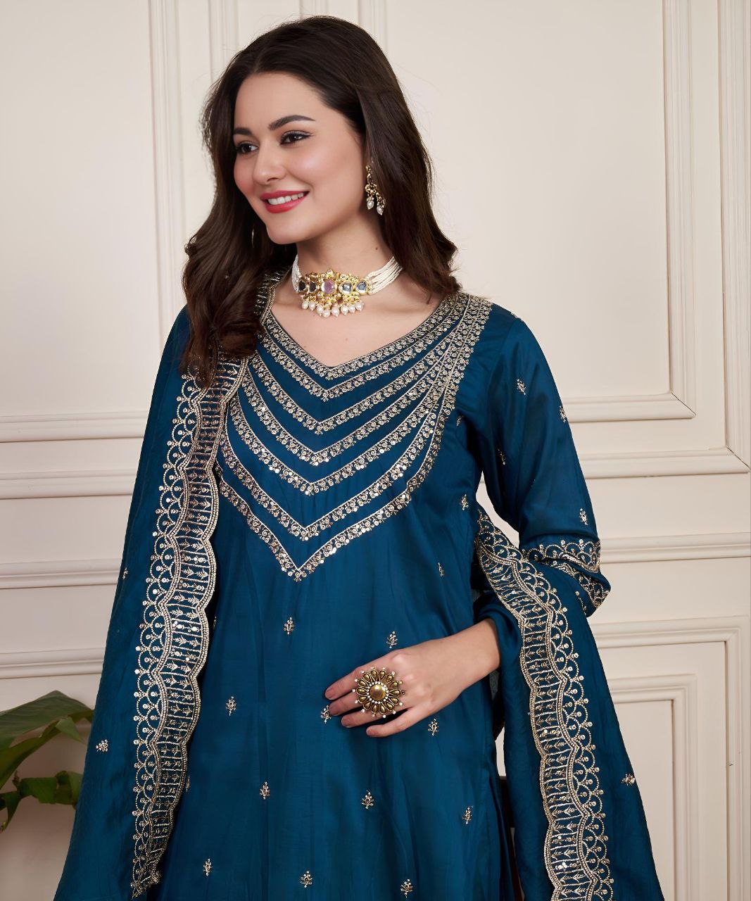 Ethnic V-Neck Chanderi Silk Kurta Set with Matching Dupatta