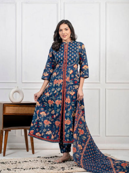 Ethnic Floral Printed Cotton Kurta, Pant, and Dupatta Set