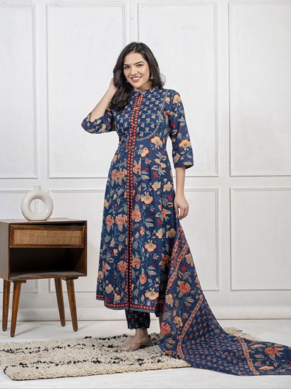 Ethnic Floral Printed Cotton Kurta, Pant, and Dupatta Set