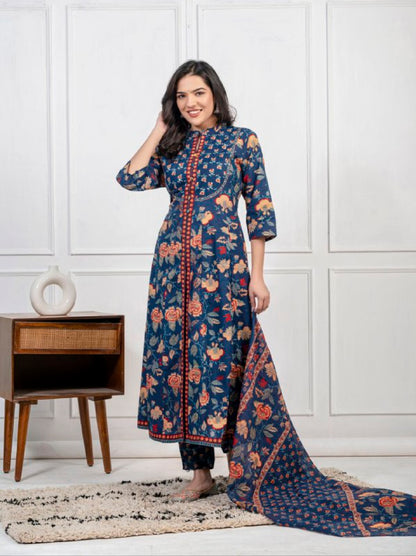 Ethnic Floral Printed Cotton Kurta, Pant, and Dupatta Set