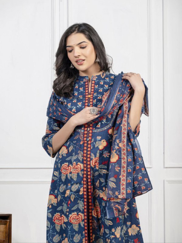 Ethnic Floral Printed Cotton Kurta, Pant, and Dupatta Set