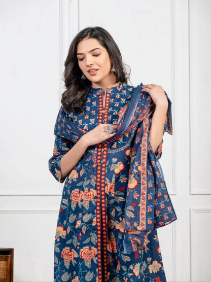 Ethnic Floral Printed Cotton Kurta, Pant, and Dupatta Set