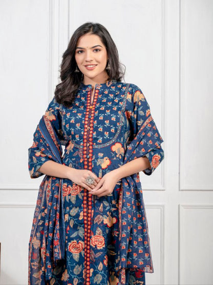 Ethnic Floral Printed Cotton Kurta, Pant, and Dupatta Set